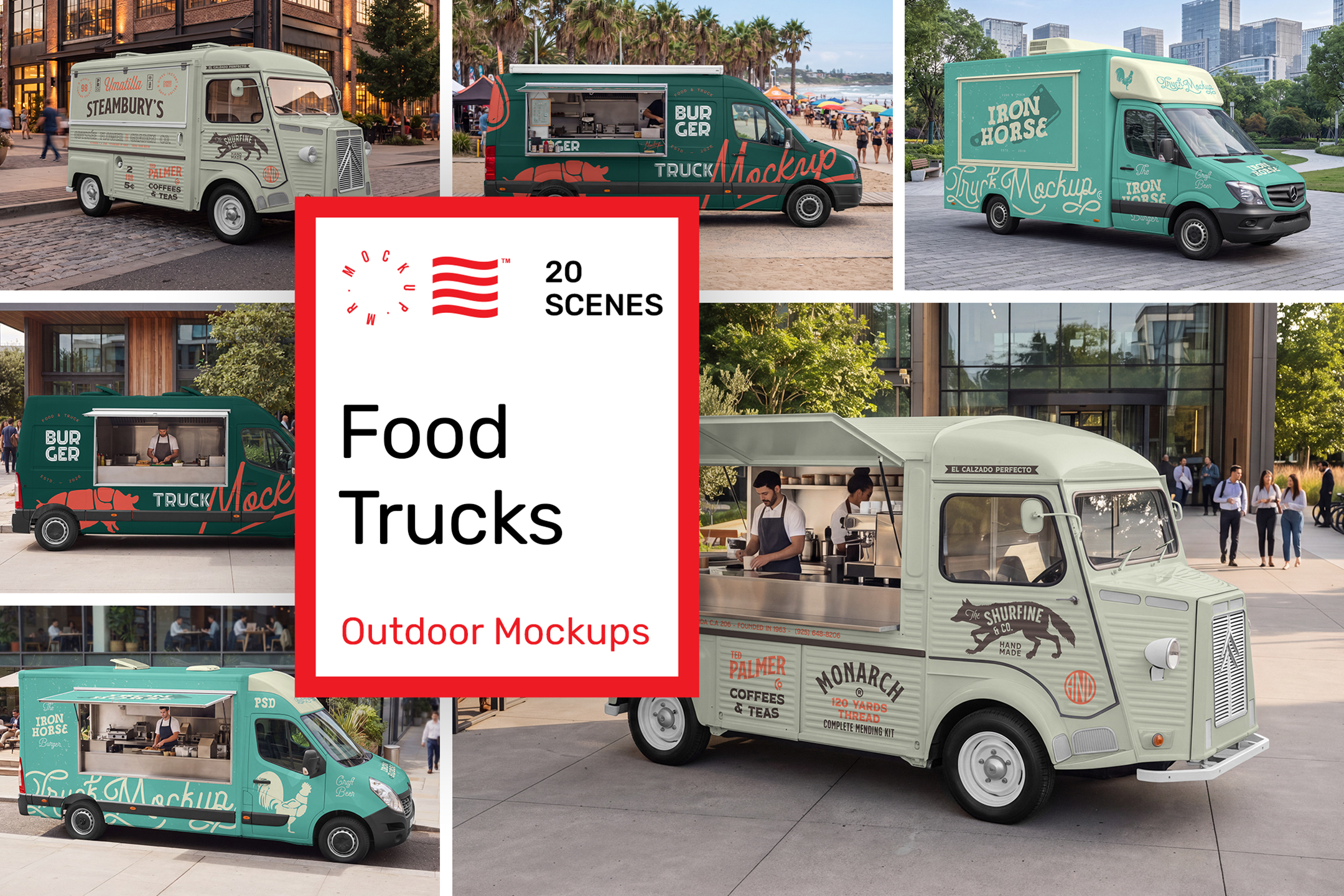 Food-Truck-Mockups-W-00 Product cover image from Food Truck Mockups showing six scenes from the product.