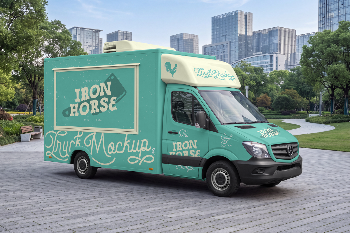 Side view of a turquoise food truck mockup with a closed hatch parked on a paved pedestrian plaza surrounded by trees and modern office buildings.