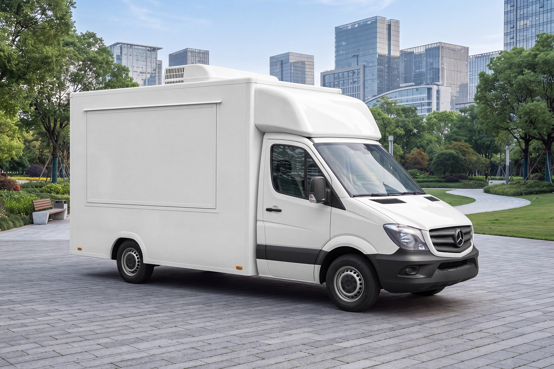 White Mercedes Sprinter food truck mockup with closed hatch parked on a paved plaza near modern skyscrapers.