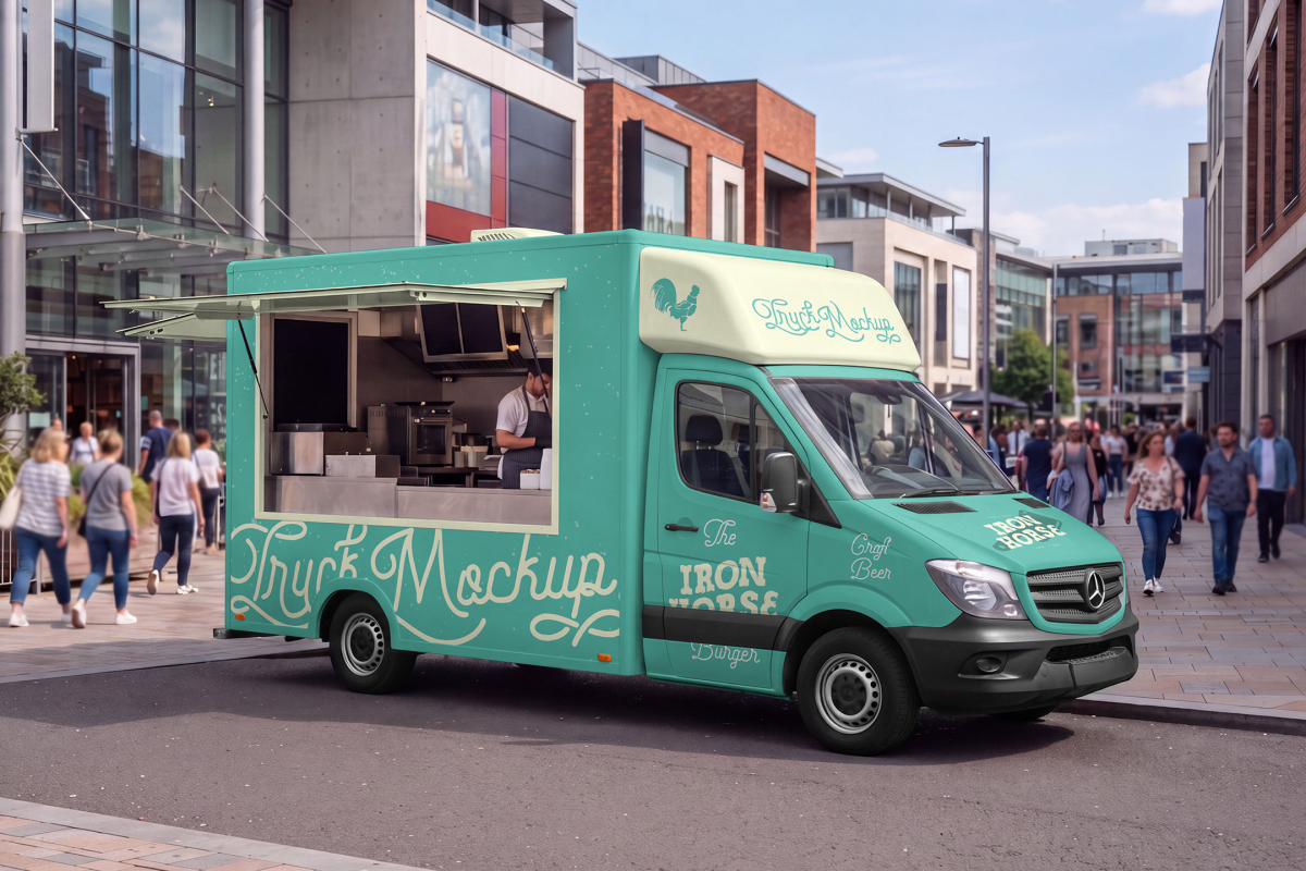 Side view of a turquoise food truck mockup with an open service window, parked on a paved city street with pedestrians walking in the background.