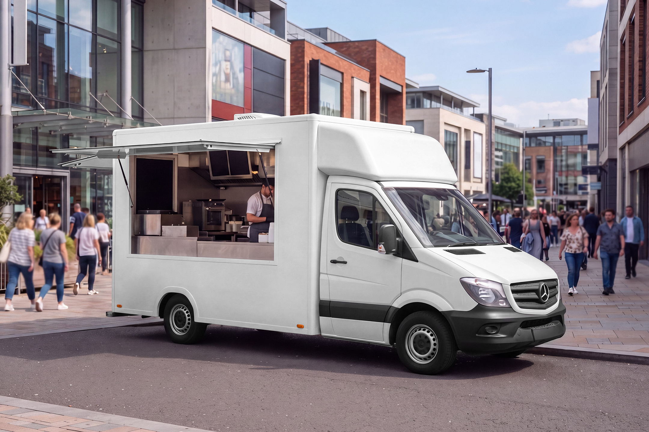 White food truck mockup with open service window parked along a paved pedestrian street near shop fronts.