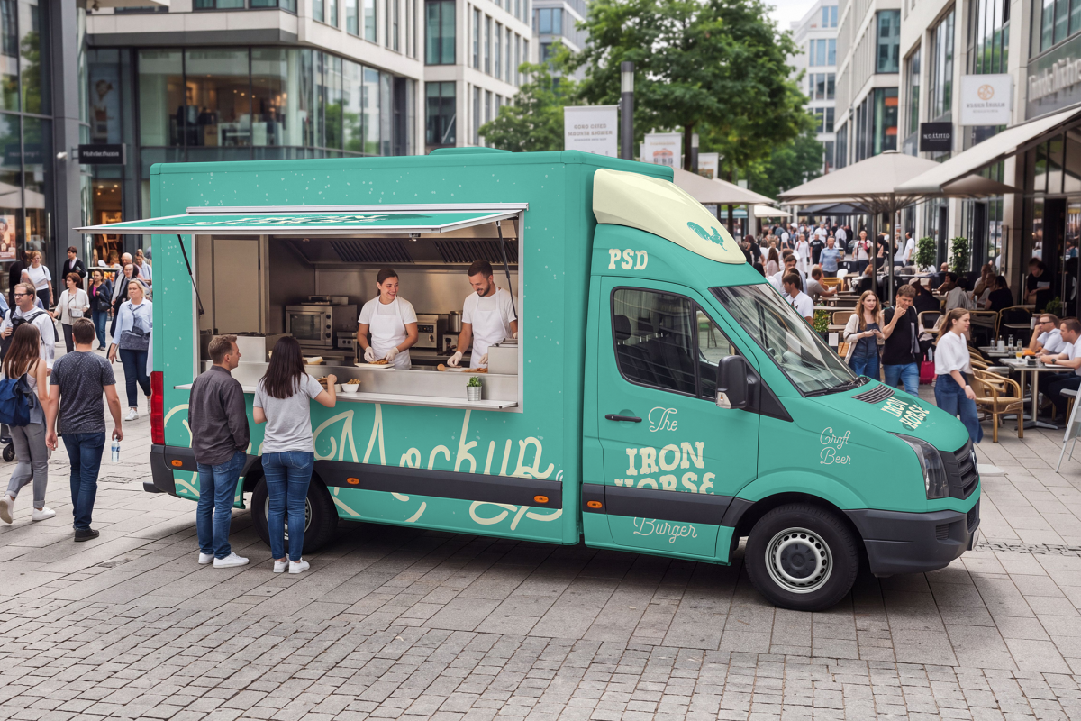 Angle view of a turquoise burger food truck mockup with an open hatch, parked on a paved pedestrian square with staff serving customers and outdoor dining tables in the background.