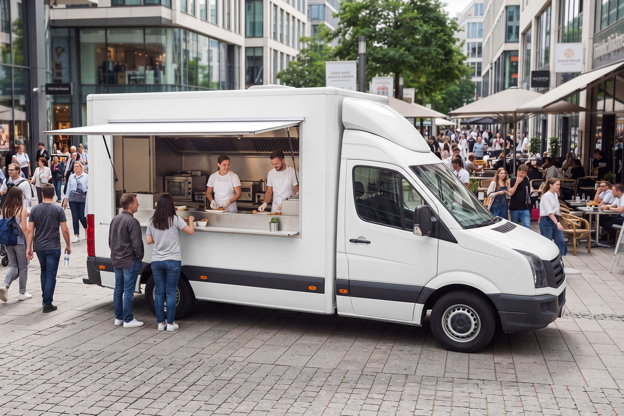 White van food truck mockup with open hatch and chefs serving customers in a busy pedestrian precinct.