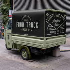 Rear three-quarter view of a light green Piaggio Ape mobile coffee truck mockup parked on a paved walkway.