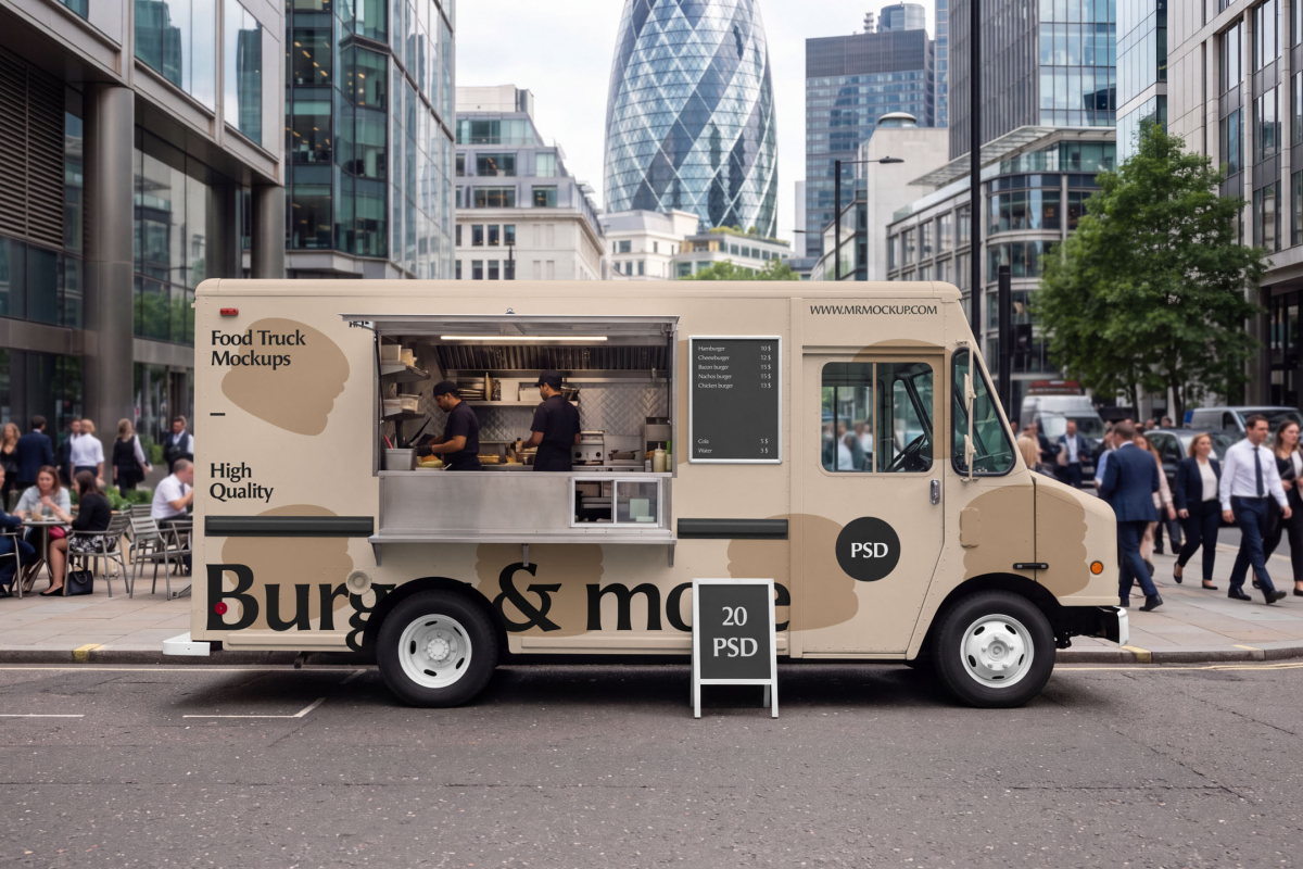 Side profile of a beige food truck mockup parked on a city street in front of modern skyscrapers, featuring an open service hatch with staff preparing food inside.