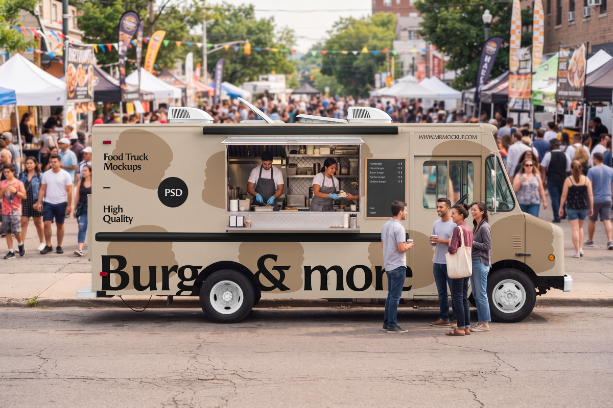 Beige food truck mockup with an open service hatch parked at a busy outdoor street festival, with staff working inside and customers standing in front of the vehicle.