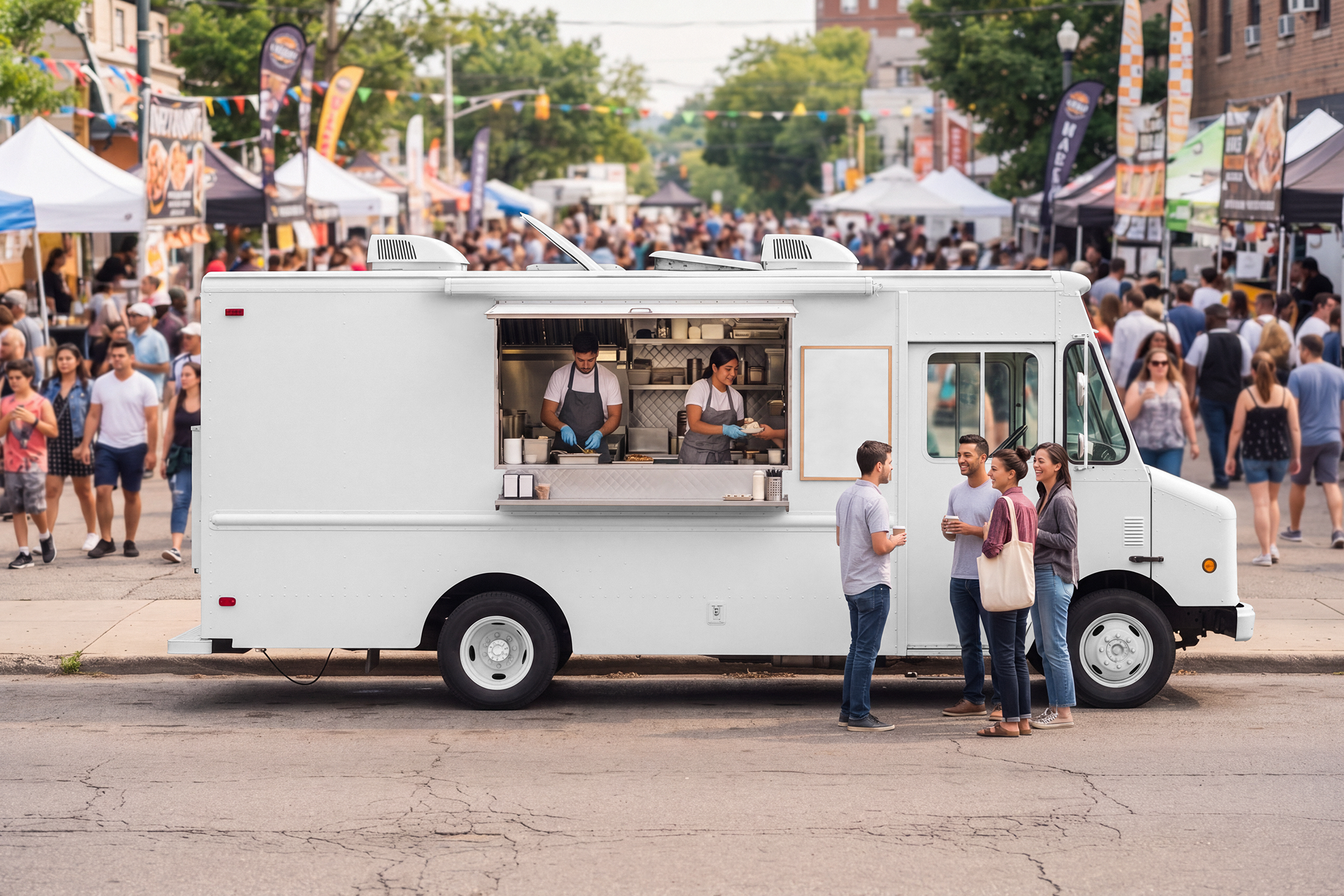 White step van food truck mockup with open hatch and customers chatting in front at a lively outdoor festival.
