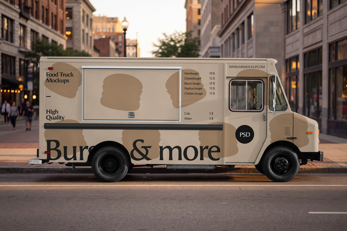Profile view of a beige food truck mockup with a closed service window, parked along a city street curb during golden hour.