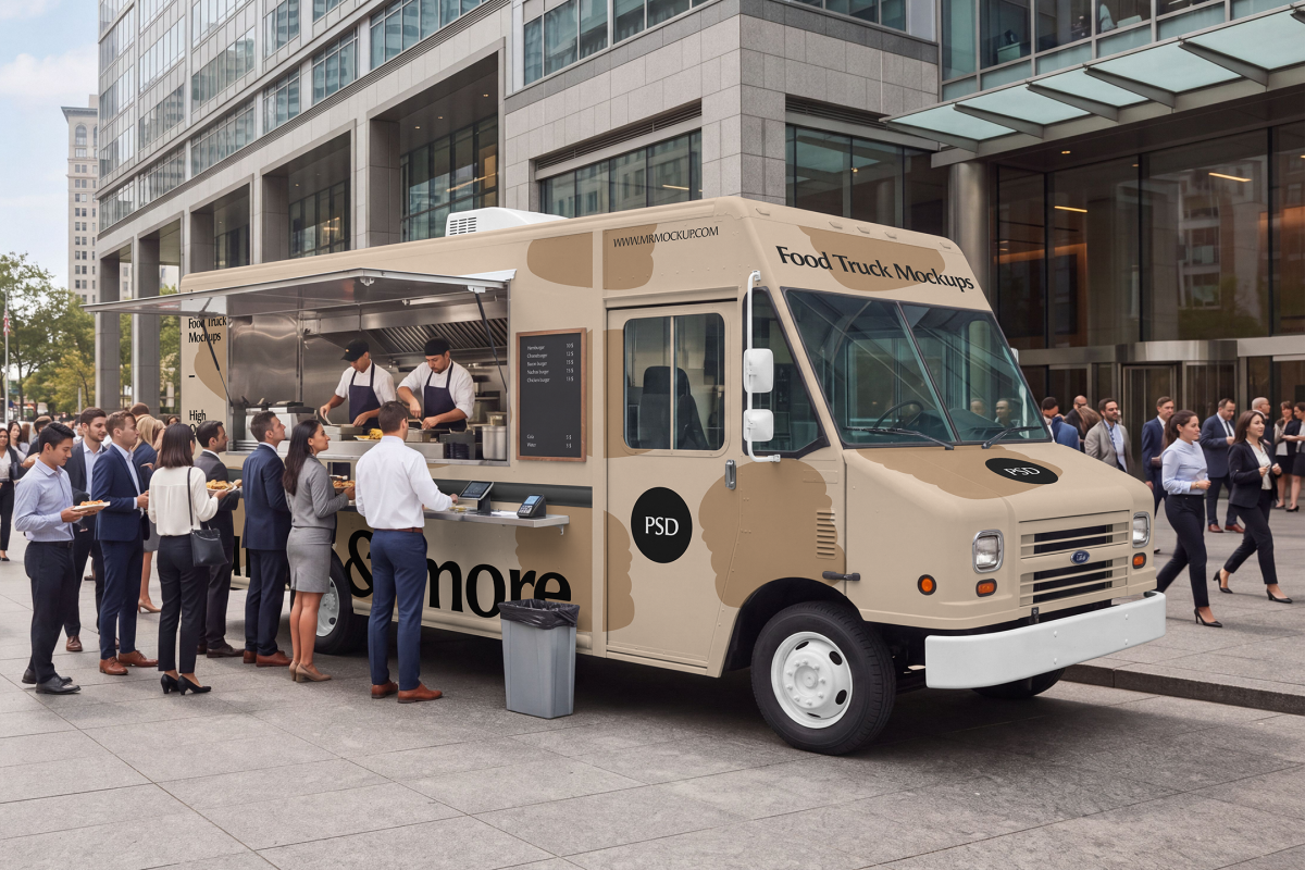 Perspective view of a beige food truck mockup parked outside a corporate office building, showing a queue of business professionals ordering food from staff inside.