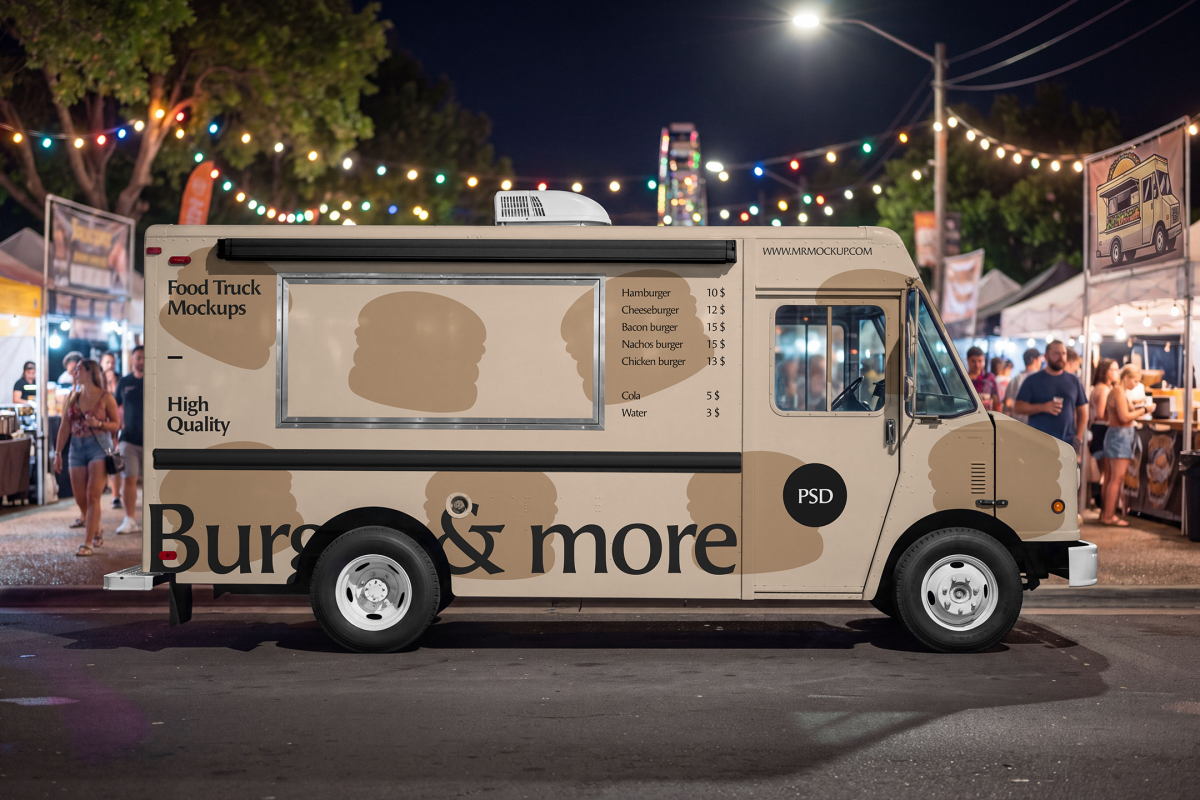 Nighttime side view of a beige food truck mockup parked at a lively outdoor night market decorated with glowing festoon lights.