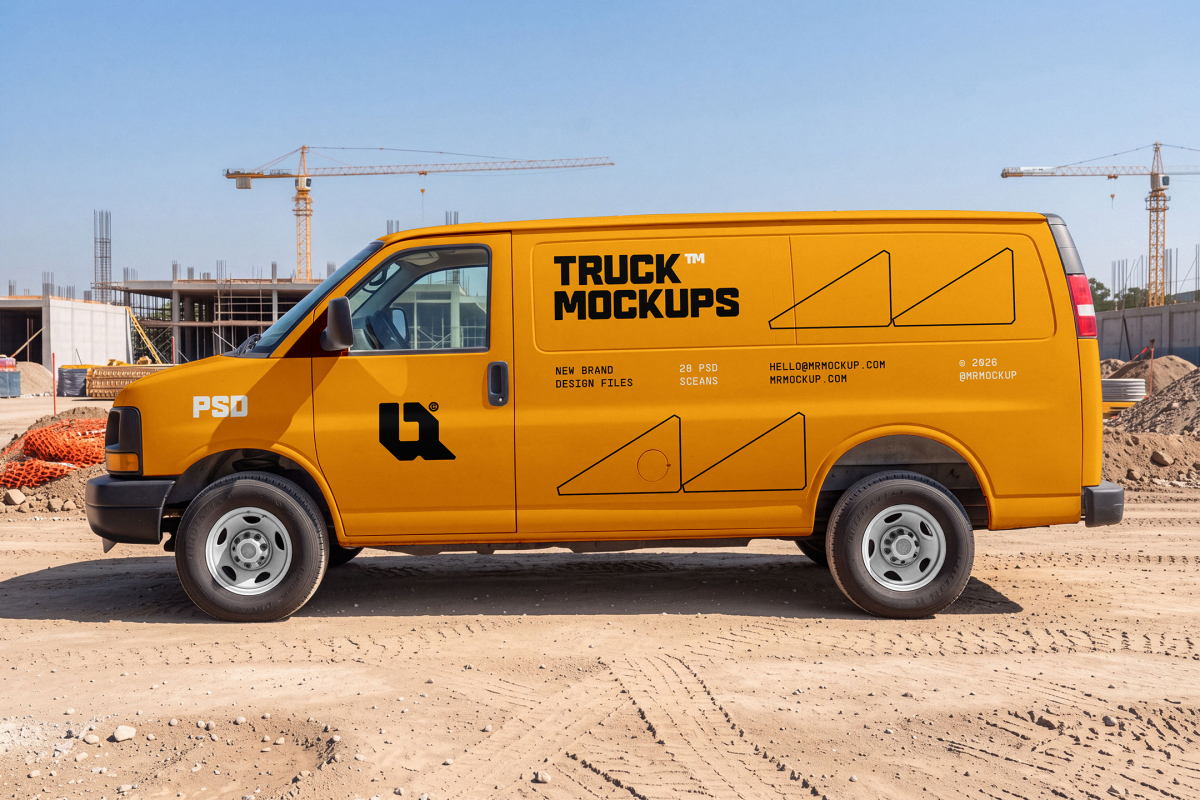 Side view of a bright yellow commercial cargo van parked at a dusty construction site.