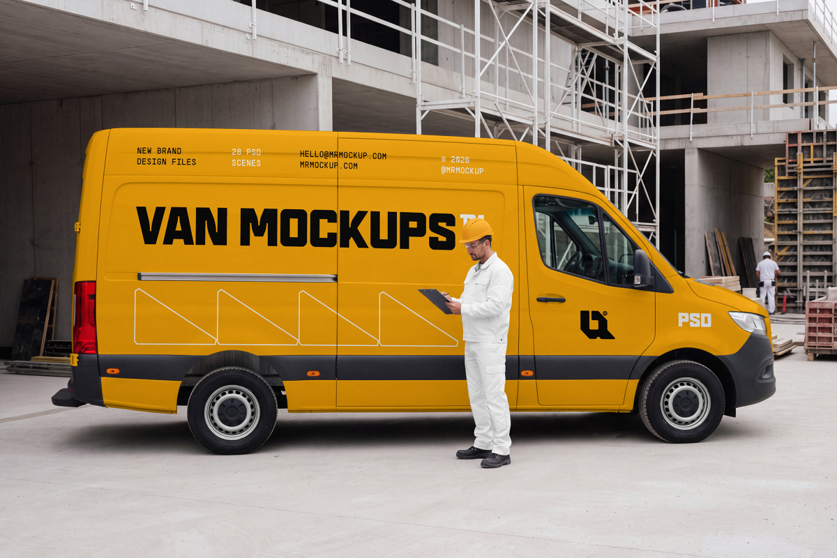 Side view of a yellow panel van with a construction worker in white overalls standing alongside holding a clipboard.