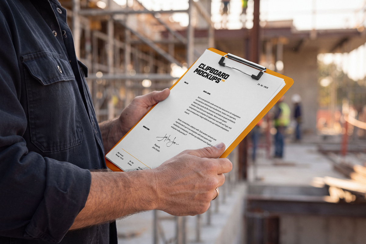 Close-up of a worker holding an orange clipboard with a document at a construction site.