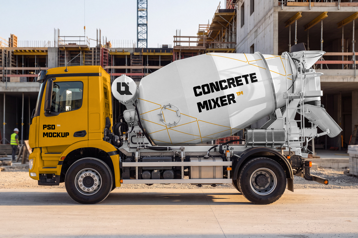 Side view of a yellow concrete mixer truck with a white branded drum parked at a construction site.