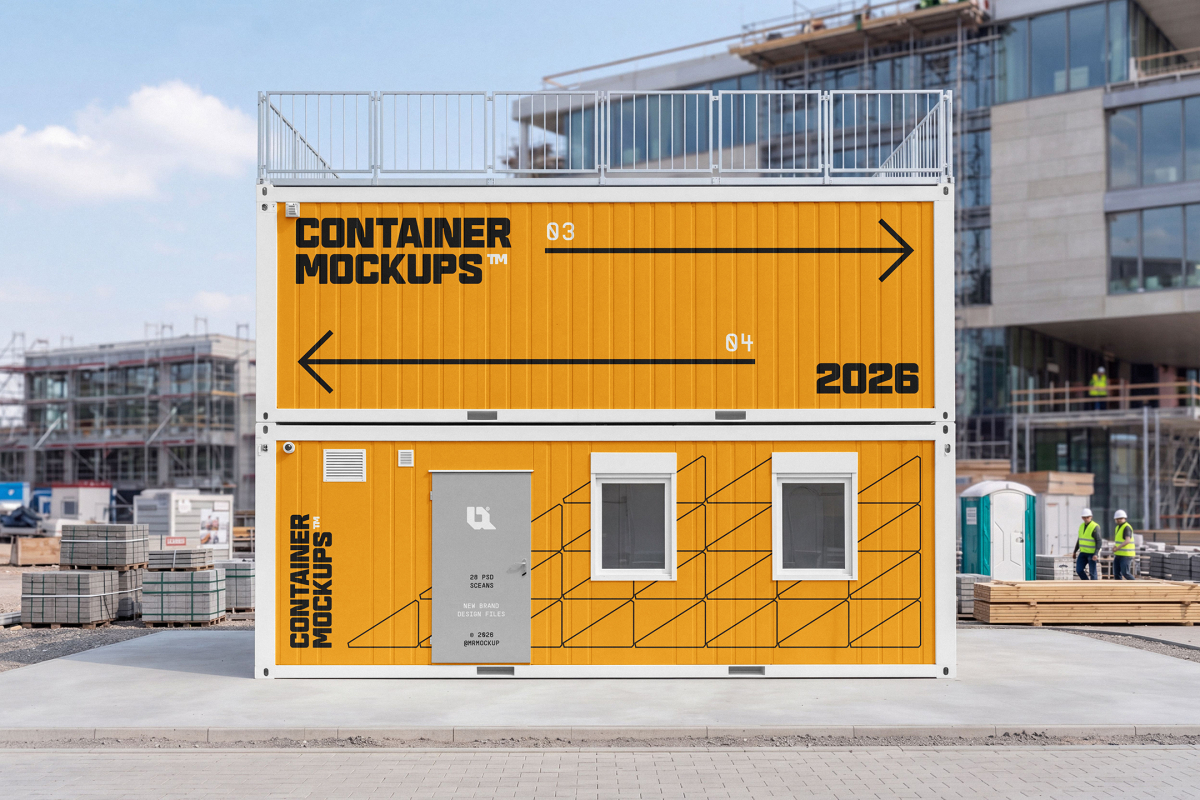 Front view of two stacked yellow modular office containers with custom branding at a construction site.