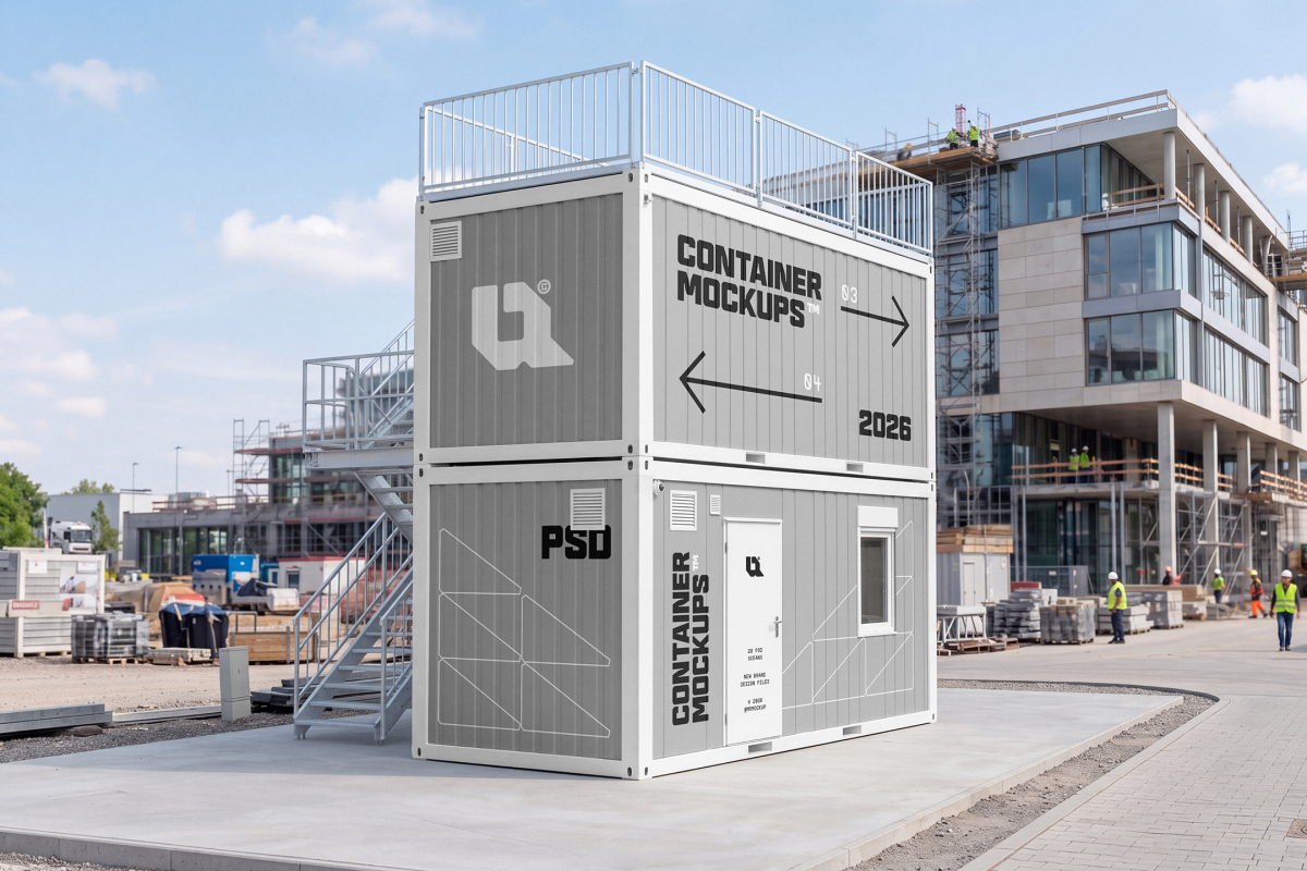Perspective view of stacked grey modular containers with an external metal staircase at a construction site.