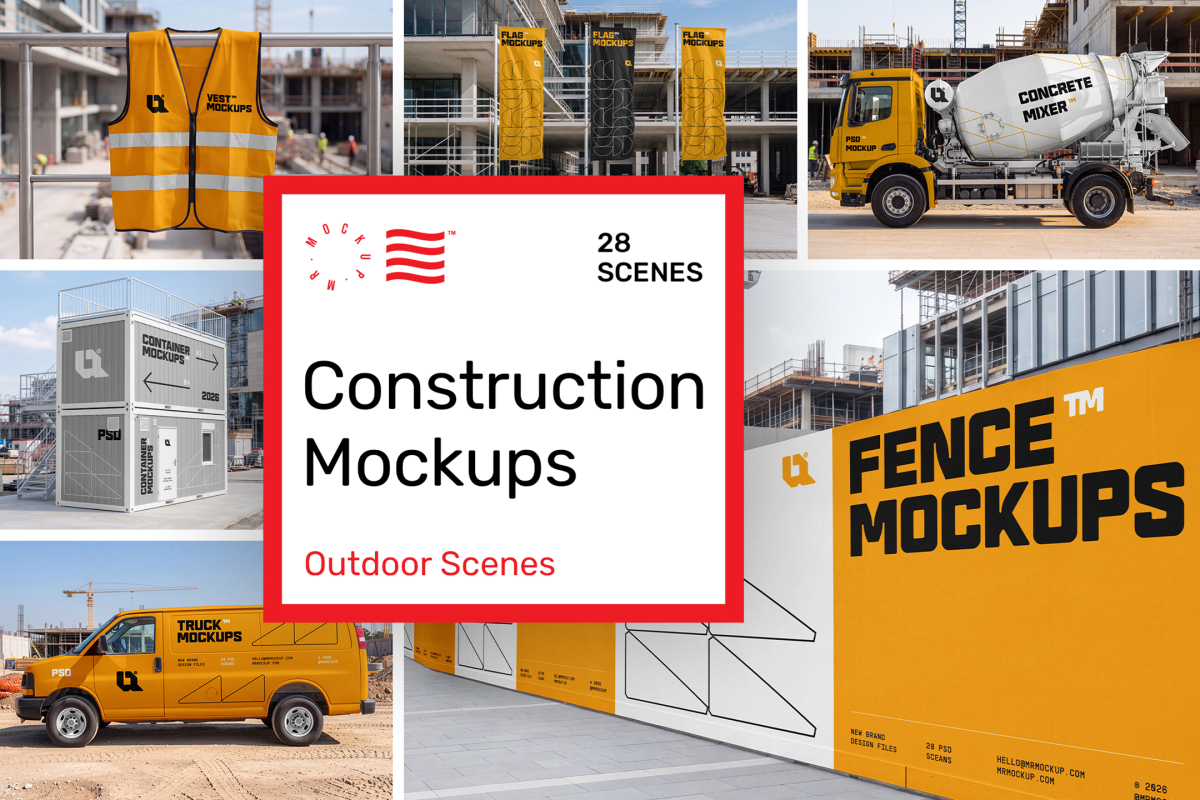 Product cover image from Construction Mockups showing six scenes from the product.