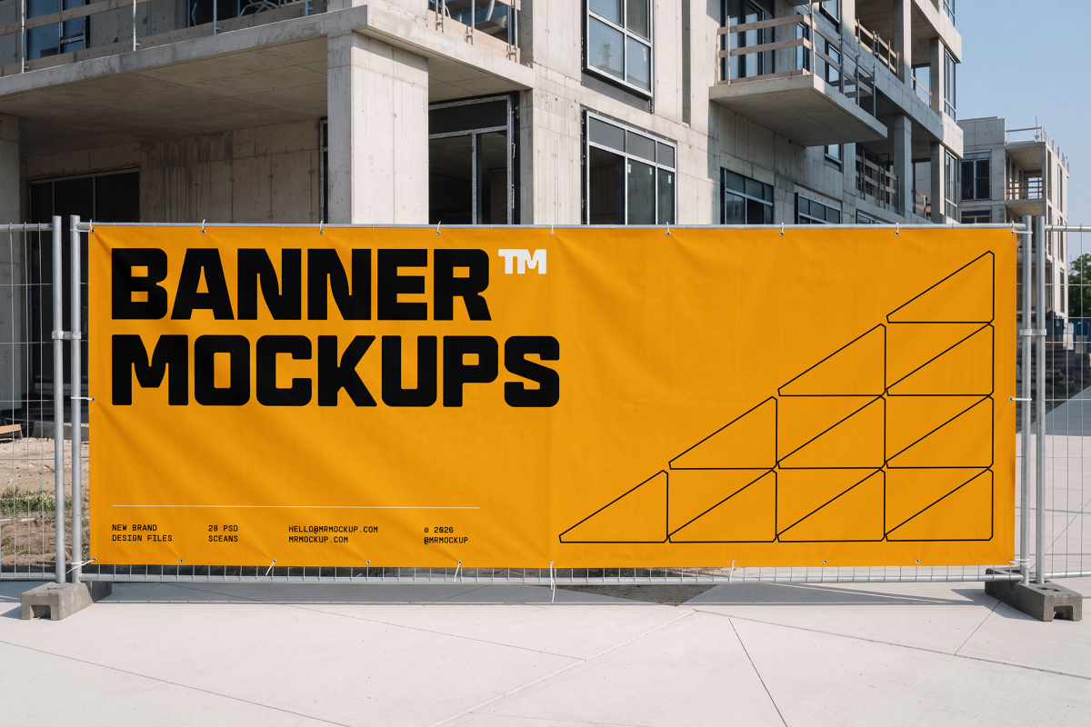 Large yellow promotional banner attached to a temporary wire mesh fence at a construction site.