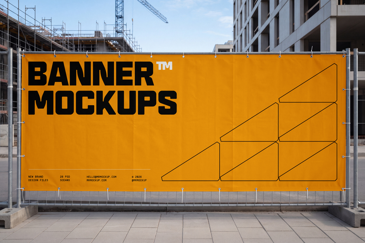 Large horizontal yellow promotional banner mounted on a wire fence around a construction site.