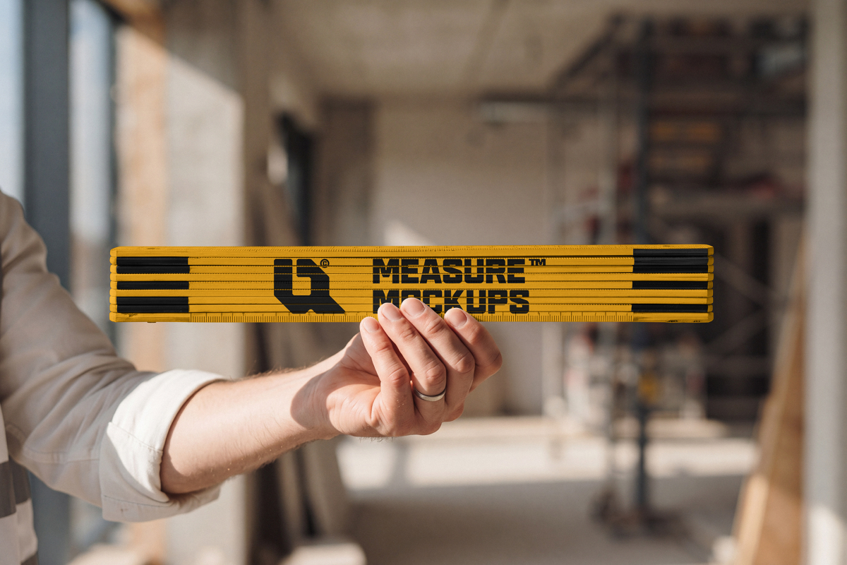 A person holding a yellow folded wooden ruler horizontally in front of an indoor construction site background.