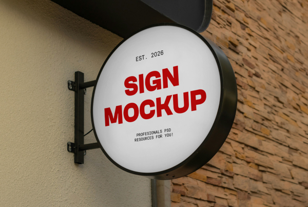 A low-angle shot of a large, circular light box sign mounted on an exterior building wall. The mockup features a blank, illuminated white face framed in matte black metal with a matching wall bracket, set against a background of light stucco and a stone tile facade. Free Big Circle Signage Mockup