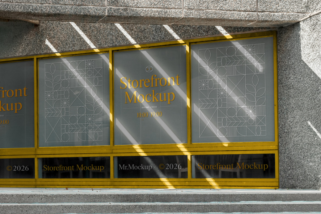 Exterior view of a modern brutalist concrete building with large glass windows covered by blinds, featuring diagonal patterns of bright sunlight and shadows cast across the facade. Free Concrete Building with Window Mockups