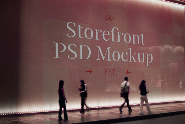 A wide shot of a massive, illuminated glass storefront at night, featuring a large blank display area lit by soft ambient lighting along the bottom edge. Silhouettes of pedestrians walk past the glowing window on an urban pavement, creating a realistic city setting for branding and signage mockups. Free Huge Storefront at Night Mockup
