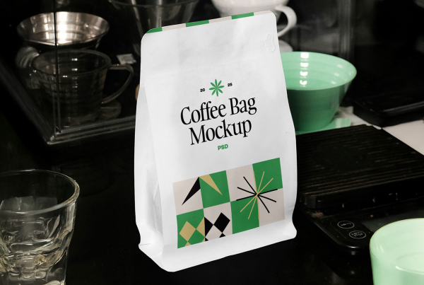 A blank white free-standing matte coffee bag mockup set on a dark barista counter surrounded by coffee brewing equipment. Free Standing Coffee Bag PSD Mockup