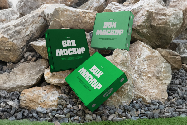 Three blank square cardboard boxes arranged dynamically and propped against a large pile of rugged natural rocks and stones. Free Three Boxes Mockups