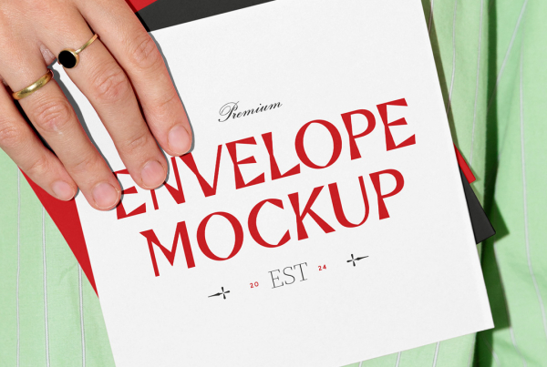 A person wearing a light green pinstriped shirt holds a stack of three blank white square envelopes or cards. Free Three Envelopes Mockups