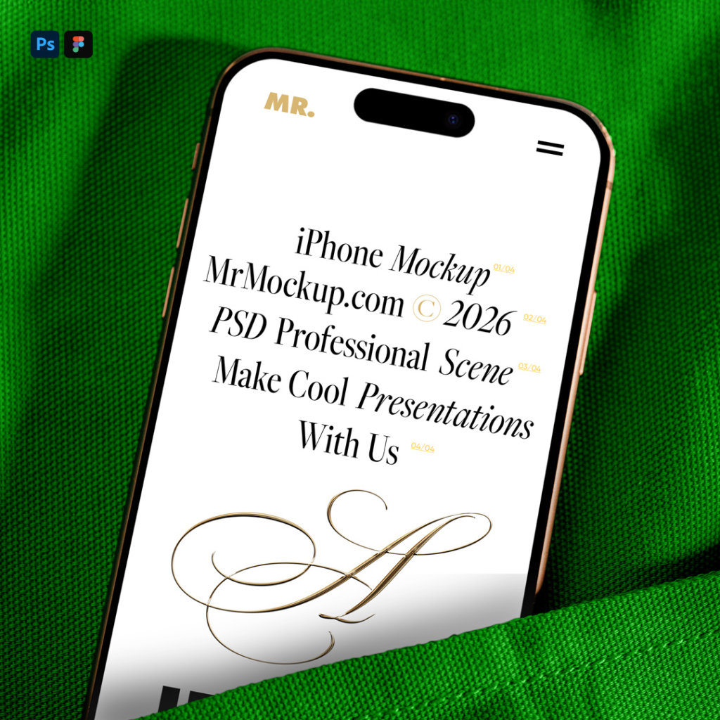 A gold-rimmed smartphone, likely an iPhone with a Dynamic Island, is partially inserted into a pocket of grey textured fabric. The phone screen is blank white, serving as a mockup display. Free iPhone in Jacket Mockup