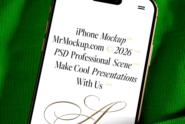 A gold-rimmed smartphone, likely an iPhone with a Dynamic Island, is partially inserted into a pocket of grey textured fabric. The phone screen is blank white, serving as a mockup display. Free iPhone in Jacket Mockup