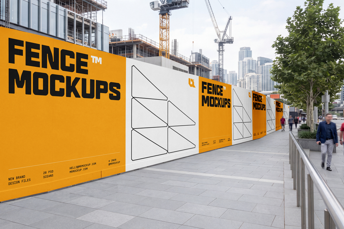 Large yellow and white branded hoarding panels installed along a fence surrounding an urban construction site.