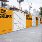 Large yellow and white branded hoarding panels installed along a fence surrounding an urban construction site.