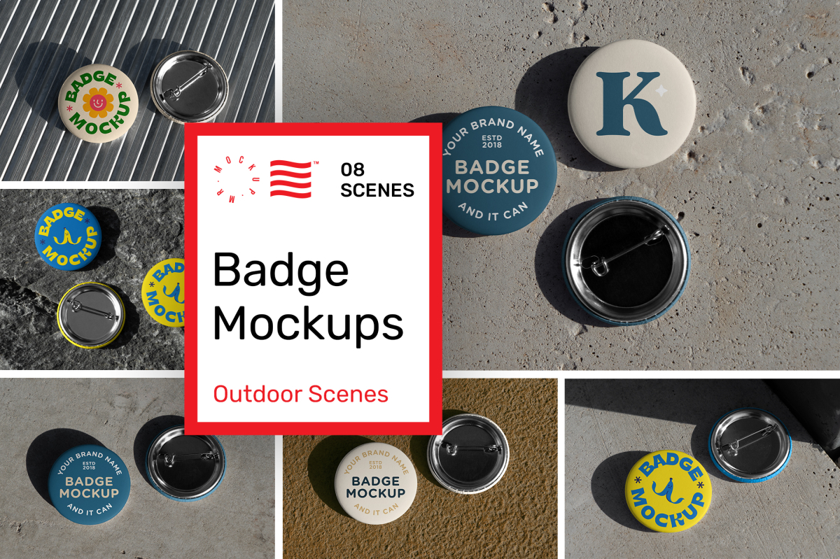 Product cover image from outdoor badge mockups showing six scenes from the product.