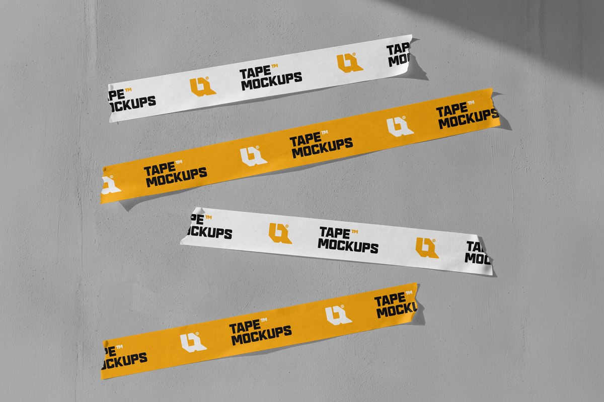 Four strips of yellow and white printed tape stuck horizontally on a textured grey background.