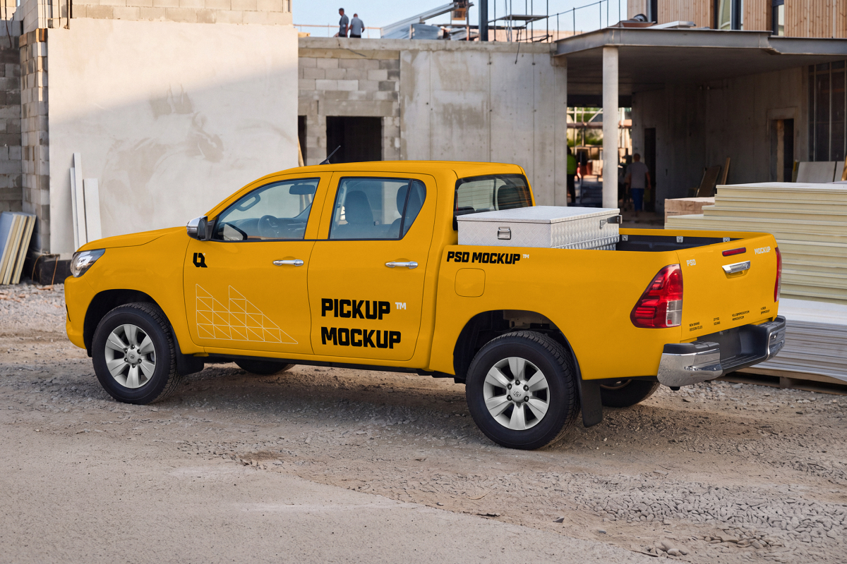 Side view of a yellow crew-cab pickup truck with custom branding parked at an active construction site.