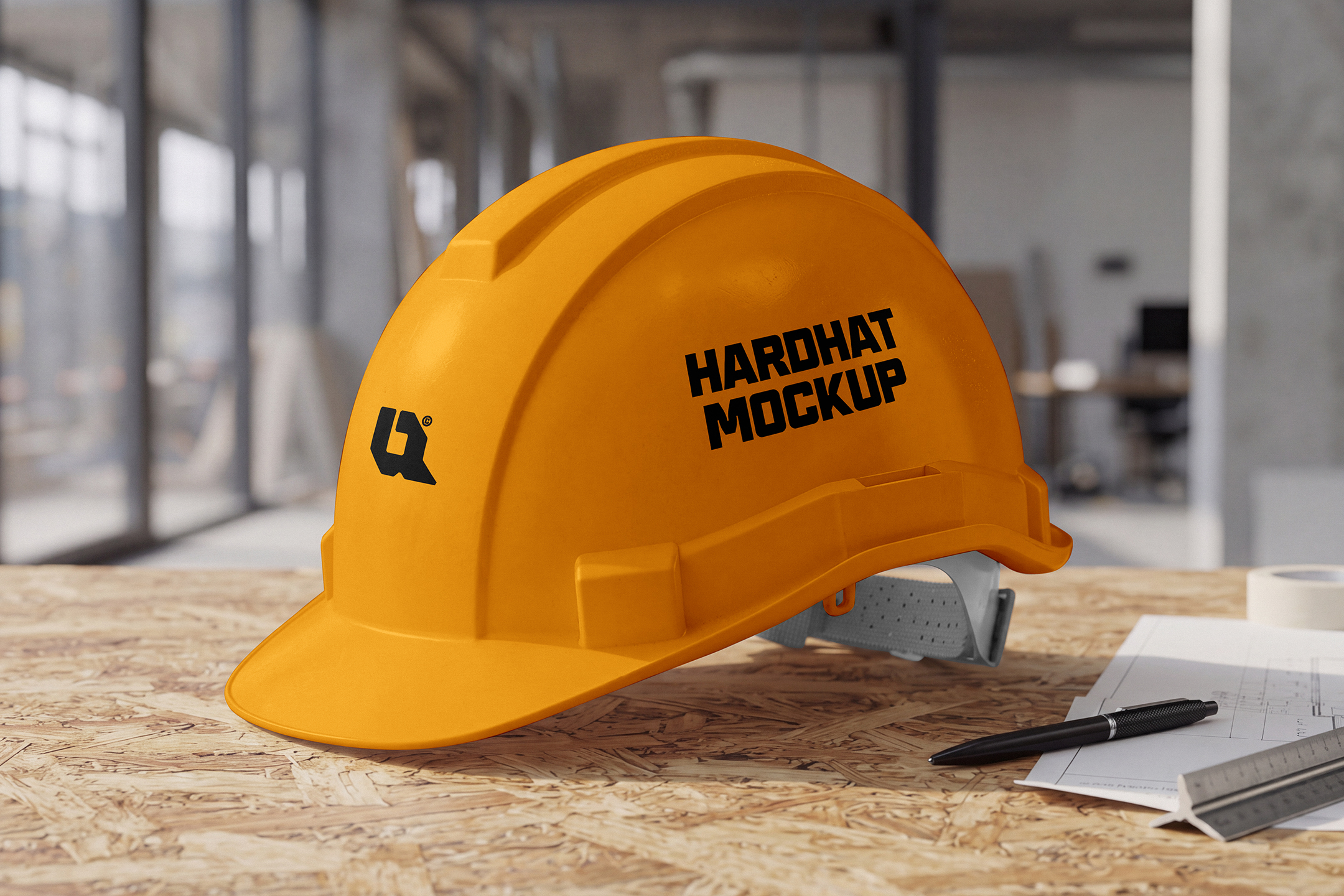 Safety-Helmet-Mockup-01-CRM-a A yellow safety hard hat resting on a wooden workbench next to blueprints and a pen.
