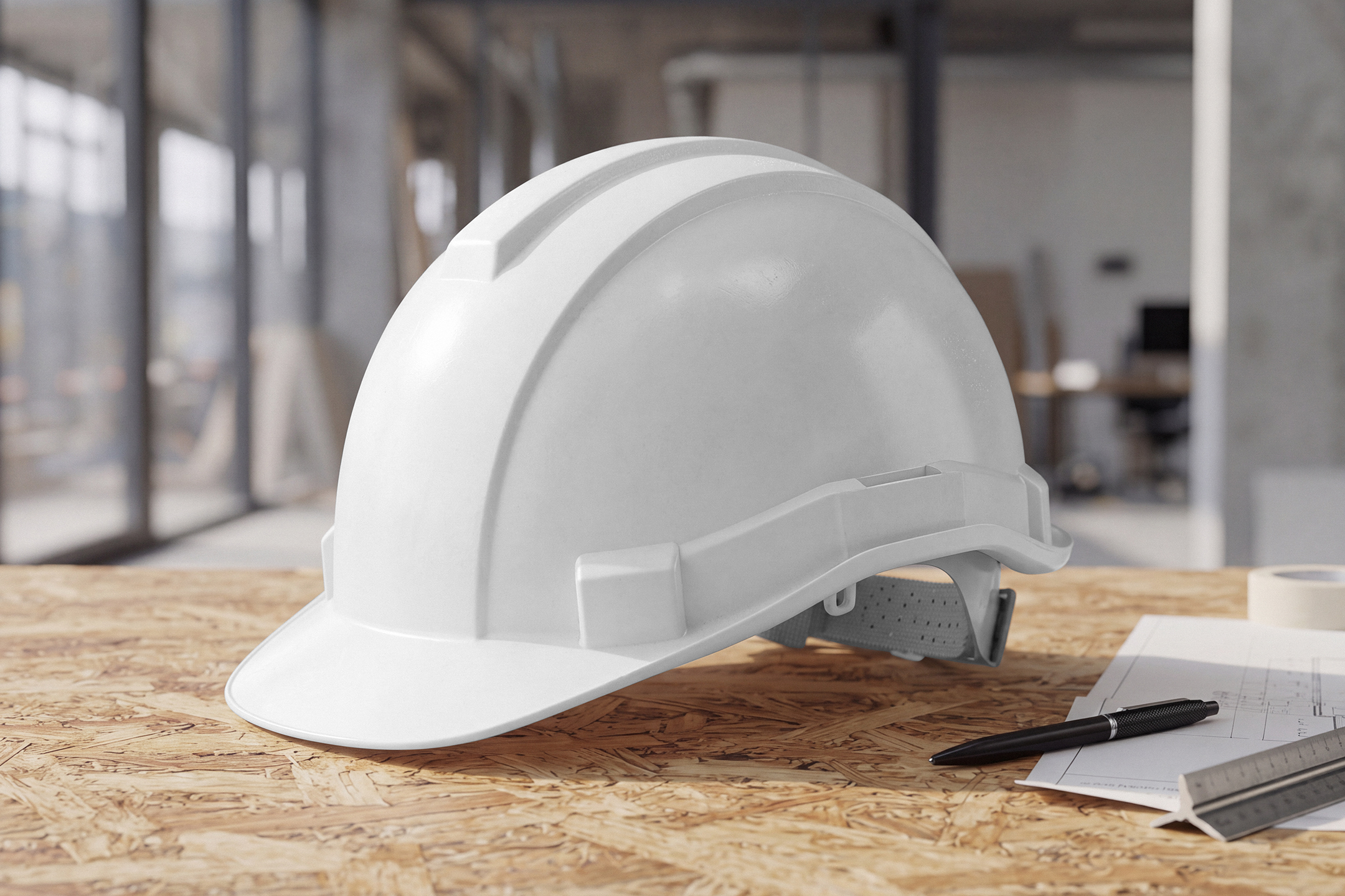 A white construction hard hat resting on an OSB table next to architectural plans and a pen.