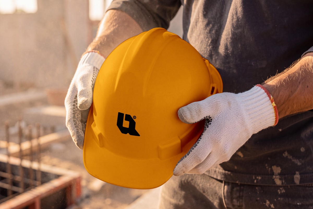 Close-up of a construction worker wearing protective gloves holding a yellow hard hat.