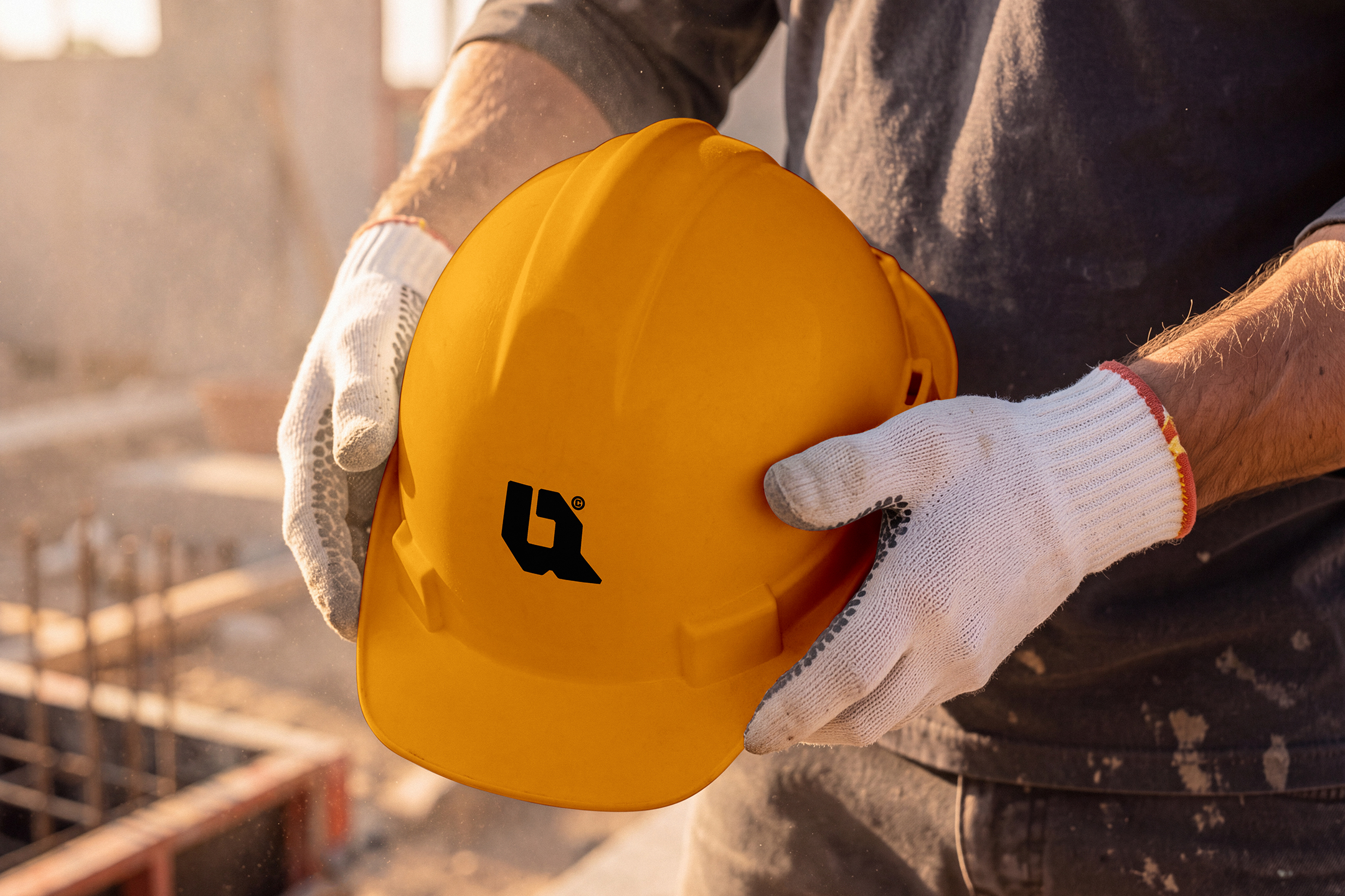 Safety-Helmet-Mockup-02-CRM-a Close-up of a construction worker wearing protective gloves holding a yellow hard hat.