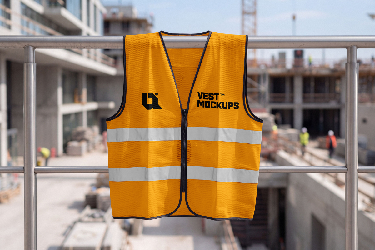 High-visibility yellow safety vest with reflective stripes hanging on a metal railing at a construction site.