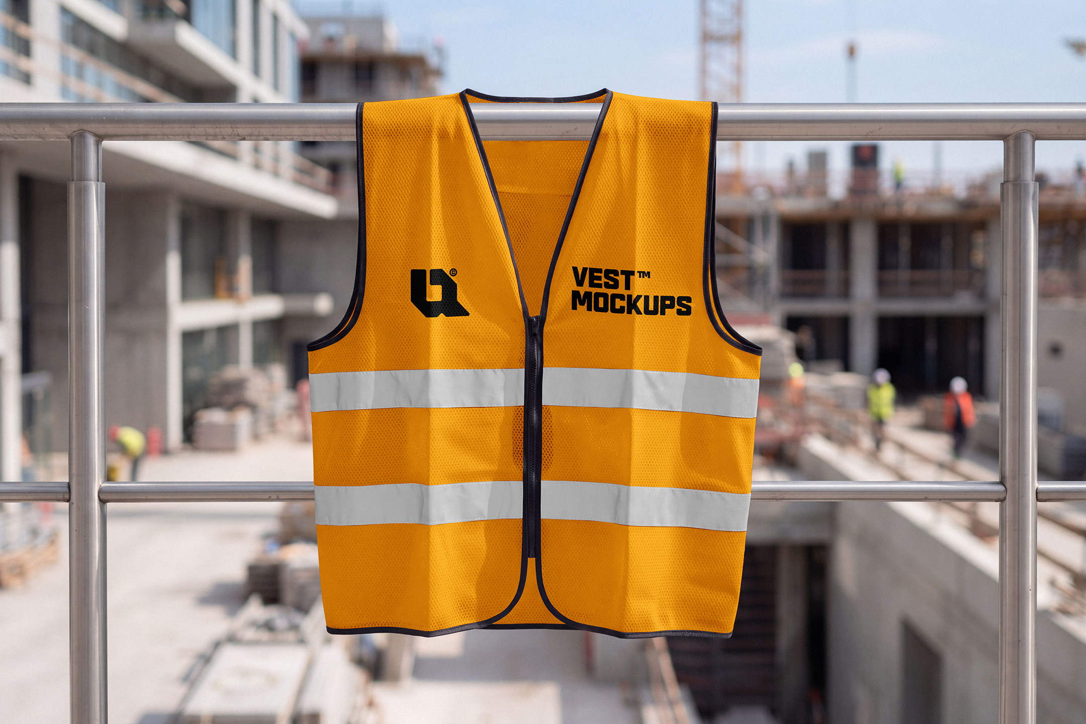 Safety-Vest-Mockup-CRM-a High-visibility yellow safety vest with reflective stripes hanging on a metal railing at a construction site.