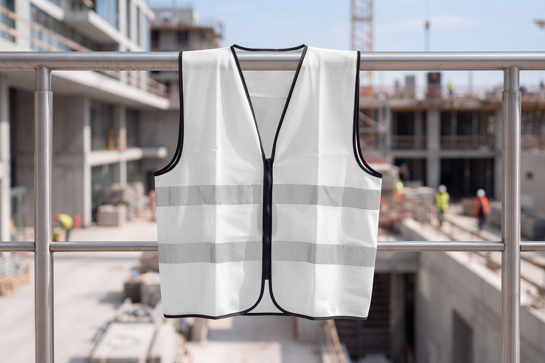 A white high-visibility safety vest is hanging on a metal railing at a blurred construction site.