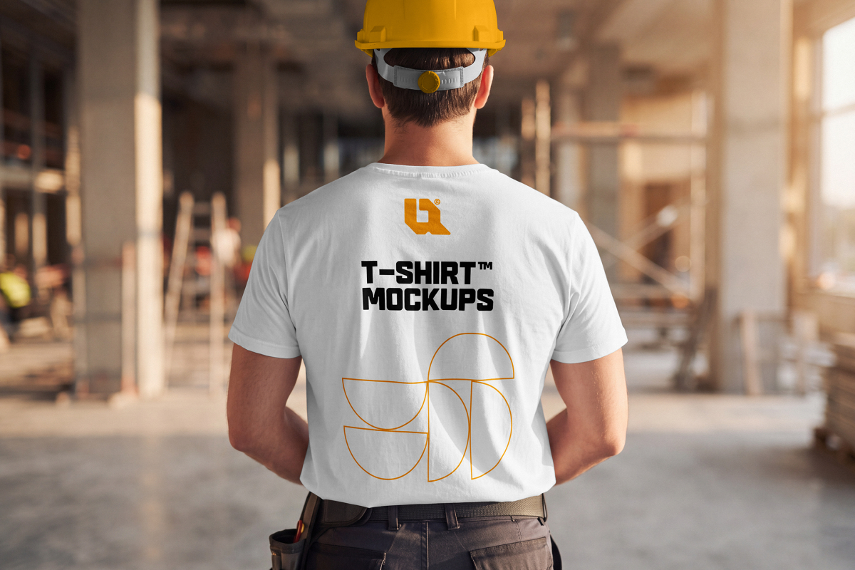 Back view of a construction worker wearing a yellow safety hard hat and printed white t-shirt indoors.