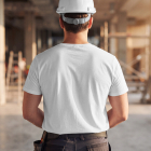 Back view of a male construction worker wearing a white hard hat and a plain white t-shirt.