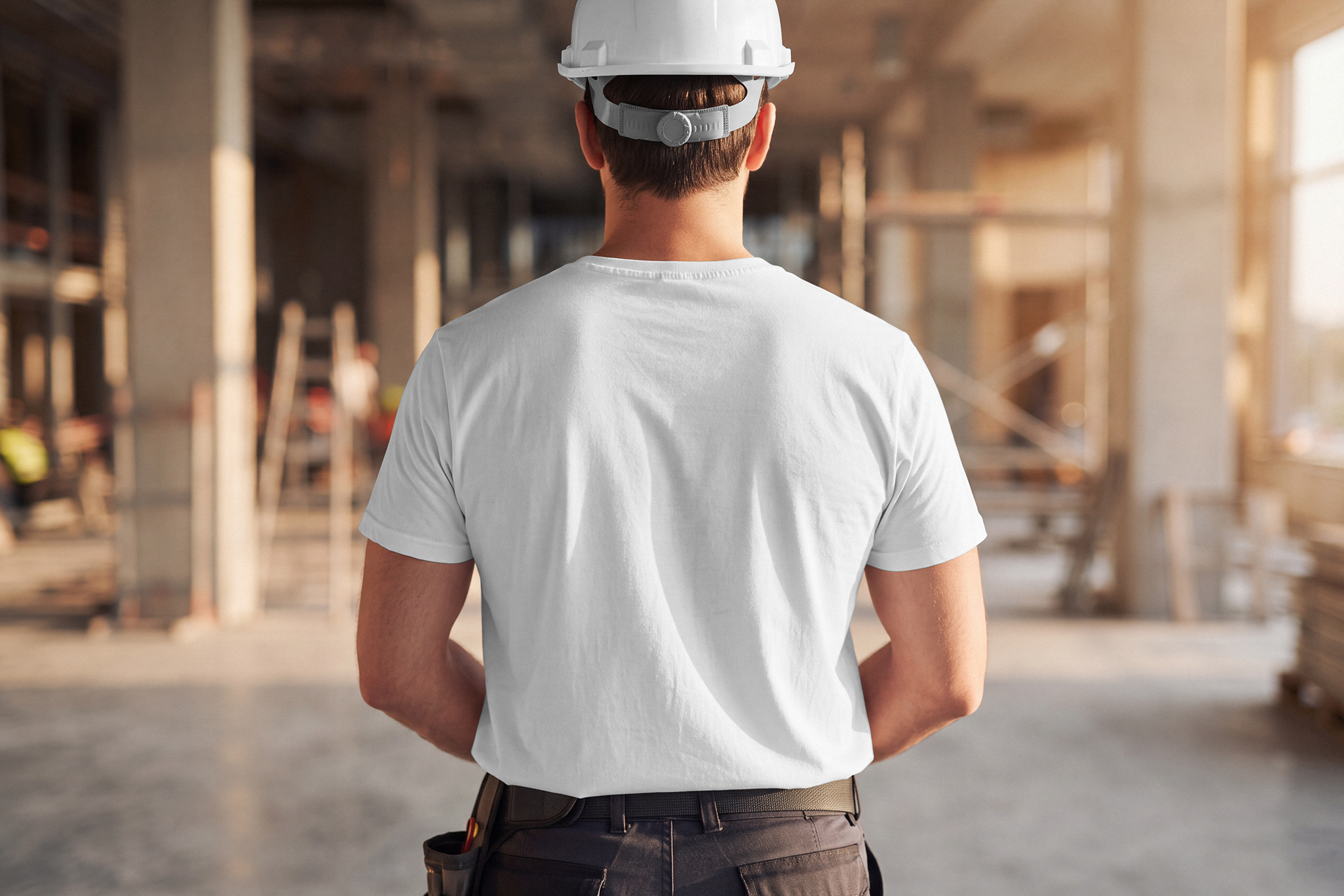 Back view of a male construction worker wearing a white hard hat and a plain white t-shirt.