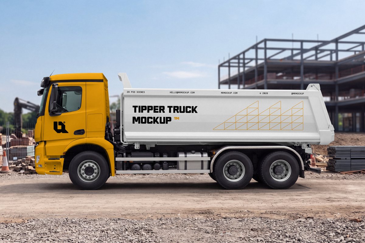Side view of a yellow heavy-duty tipper truck with a white cargo box at an active construction site.