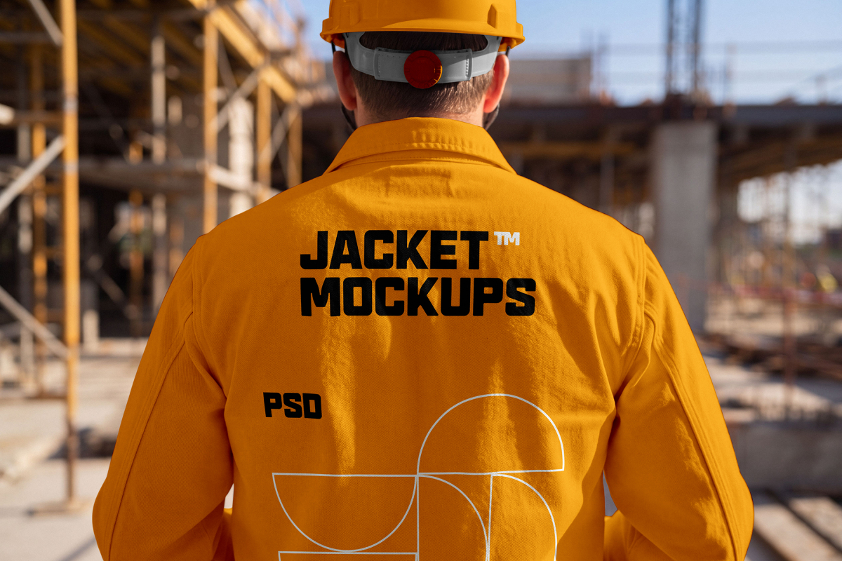 Back view of a construction worker wearing a yellow jacket with custom branding and a hard hat at a job site.
