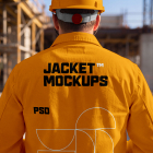 Back view of a construction worker wearing a yellow jacket with custom branding and a hard hat at a job site.